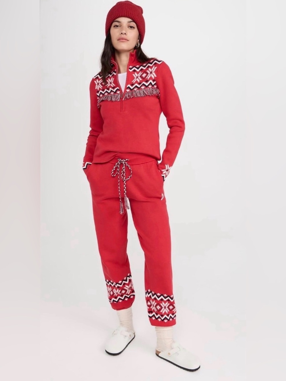 The Upside Keystone Fair Isle Blanche Half-Zip and Jojo Red Jogger Pants, Size L